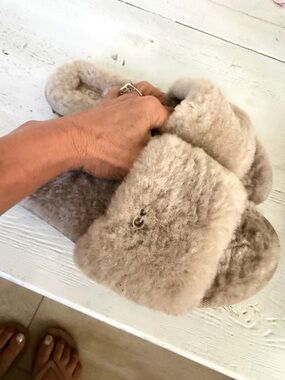 UGG Plush Shearling Slide in Light Taupe